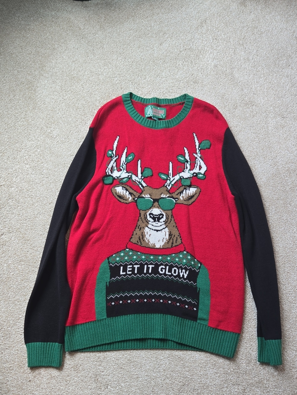 Ugly Christmas Sweater Red, Black & Green Reindeer Crewneck